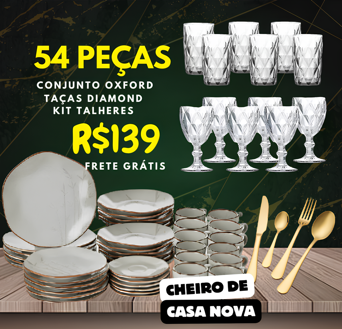 Aparelho de Jantar em Porcelana Conjunto de Luxo® + Taças + Copos (72% OFF+FRETE GRÁTIS SOMENTE HOJE) HOJE PROMO ANIVERSÁRIO