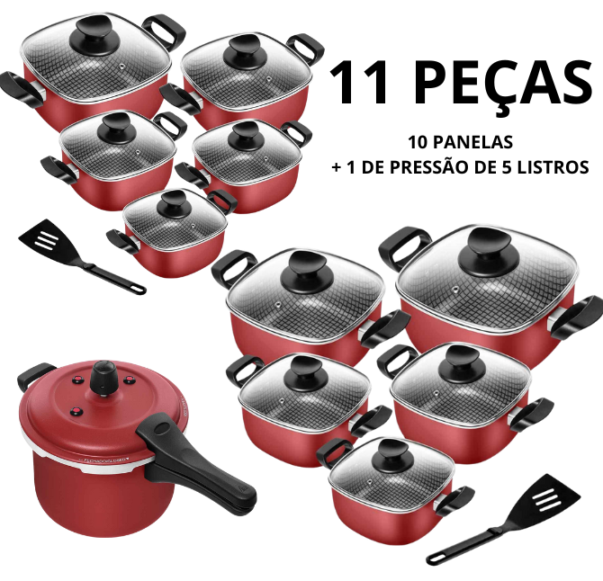 KIT COMPLETO: 11 PEÇAS - Panelas Quadradas Antiaderentes C/ Panela de Pressão + Kit Utensílios (Últimas unidades) - APENAS HOJE