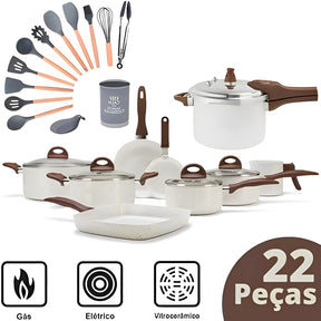 KIT COMPLETO: 22 PEÇAS - Antiaderentes Ceramic Premium Cinza Chumbo C/ Panela de Pressão + Kit Utensílios em Silicone. Somente HOJE