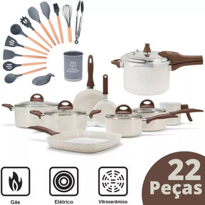 KIT COMPLETO: 22 PEÇAS - Conjunto de  Panelas Antiaderentes Ceramic  Vanilla + Utensílios em Silicone