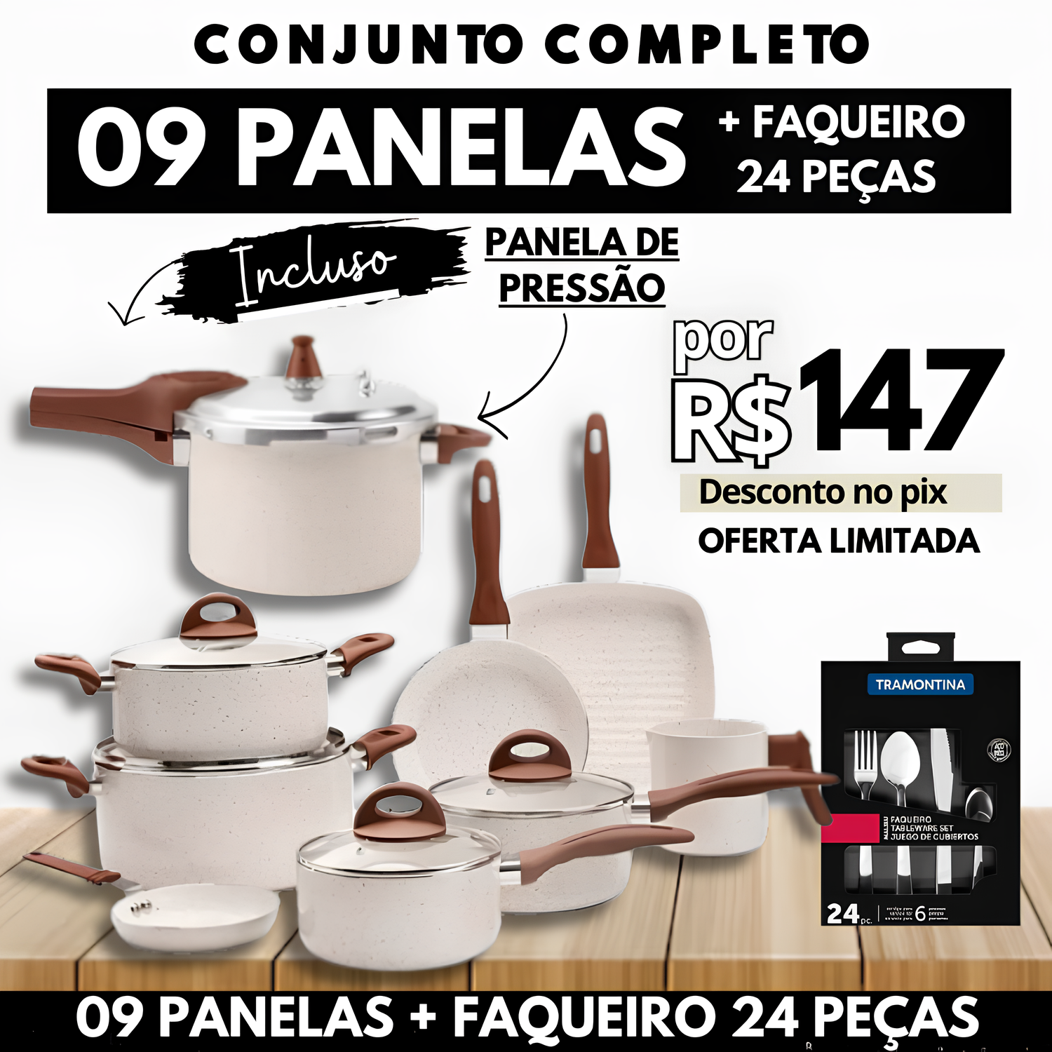 CONJUNTO COMPLETO: 09 PEÇAS - Antiaderentes Ceramic Premium C/ Panela de Pressão + Faqueiro 24 pçs [ÚLTIMO DIA]