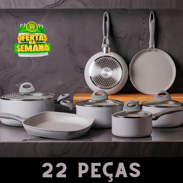 KIT COMPLETO: 22 PEÇAS - Antiaderentes Ceramic Premium Cinza Chumbo C/ Panela de Pressão + Kit Utensílios em Silicone. Somente HOJE