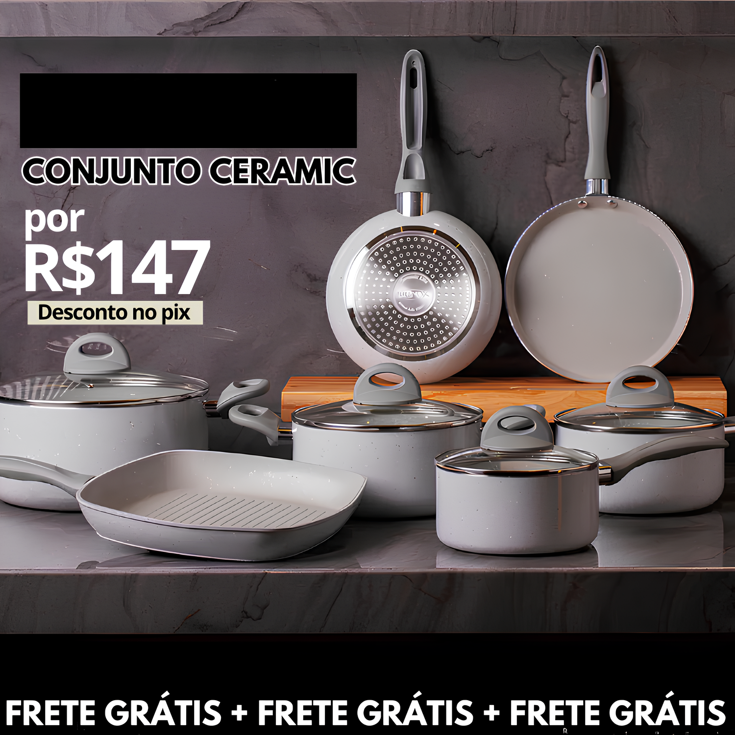 KIT COMPLETO: 22 PEÇAS - Antiaderentes Ceramic Premium Cinza Chumbo C/ Panela de Pressão + Kit Utensílios em Silicone. Somente HOJE